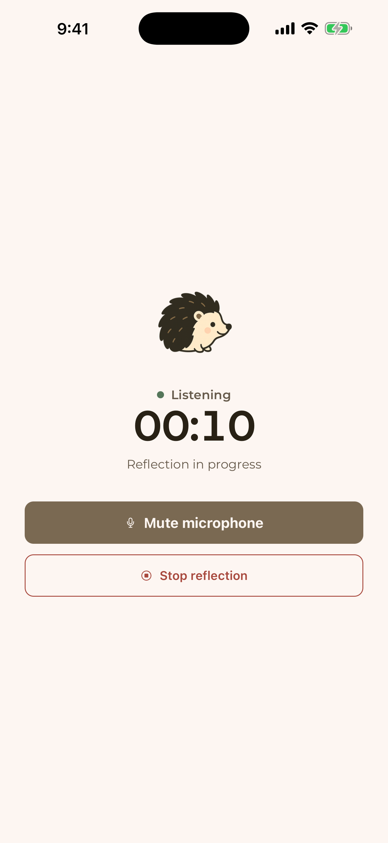 Hoglet active reflection screen showing Listening, a 10-second timer, an attentive hedgehog, and controls to mute or stop the reflection.