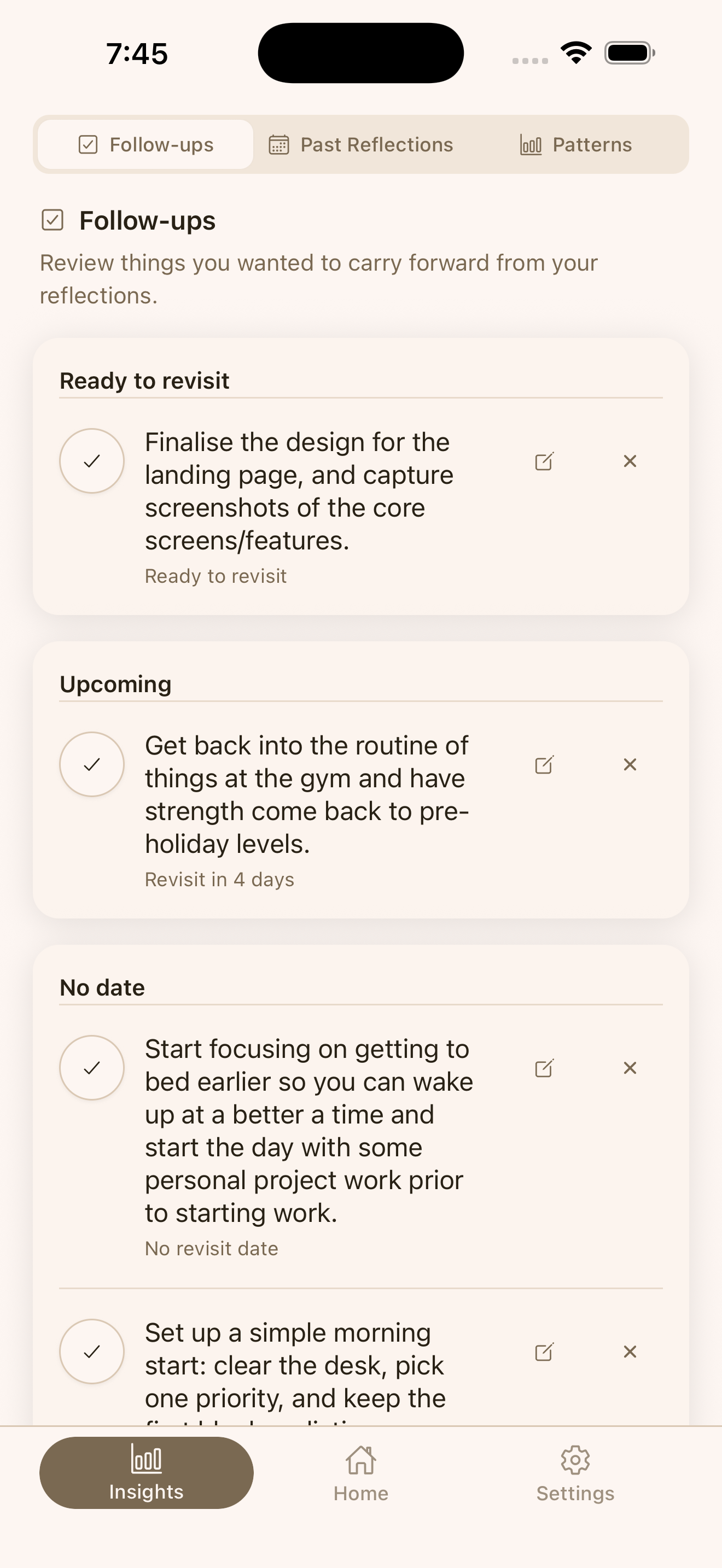 Hoglet follow-ups screen showing unresolved thoughts and action items carried forward from past reflections.